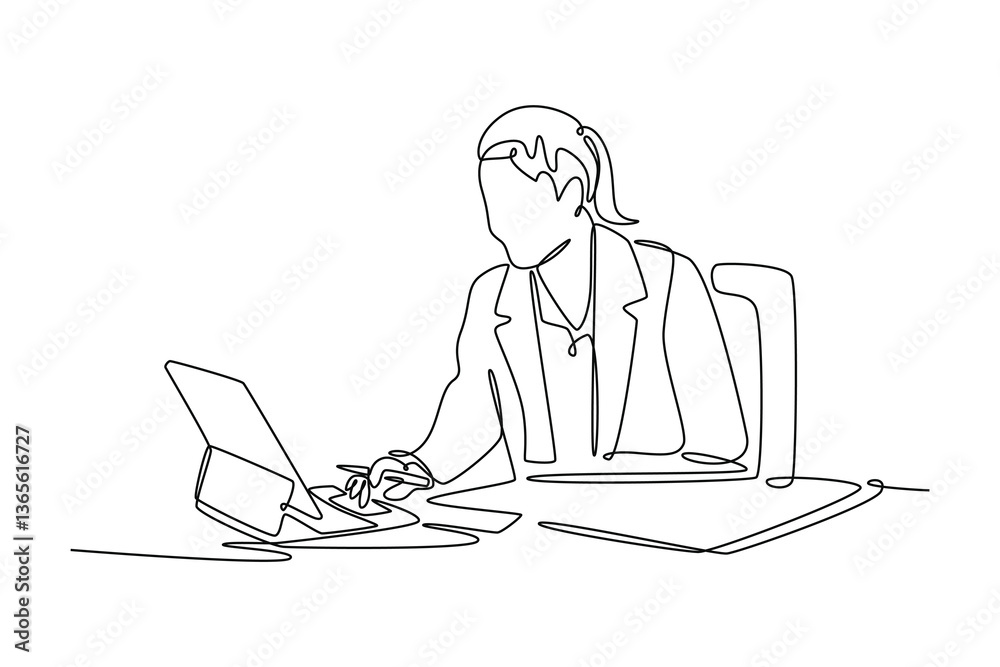 Business woman working with documents using calculator and laptop computer. Technology in business concept. Single line draw design. Vector graphic illustration Business woman working with documents using calculator and laptop computer. Technology in business concept. Single line draw design. Vector graphic illustration