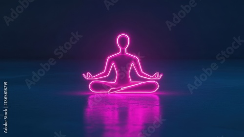 Neon luminous silhouette of a meditating figure in a tranquil environment symbolizing peace, mindfulness, and inner harmony through vibrant colors