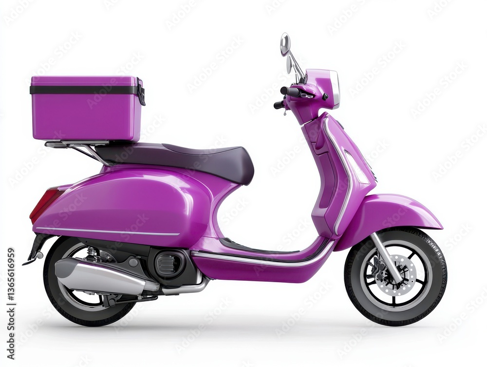 Obraz premium Purple Retro Scooter with Delivery Box, Side View, White Background