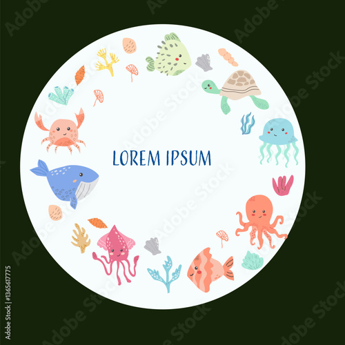 Marine-themed cartoon creatures frame with crab, turtle, jellyfish, and fish.