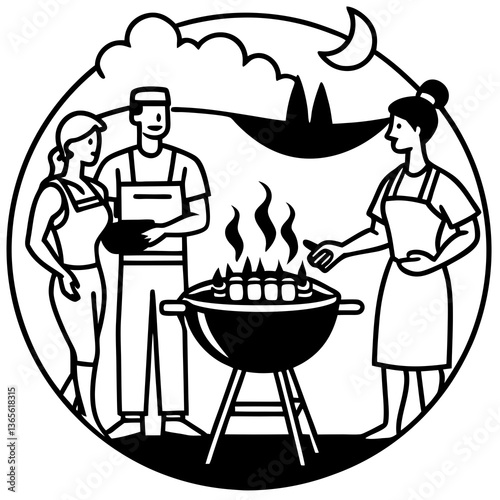 barbecue, cook, cookout, fire, food, grill, illustration, menu, party, picnic, vintage, weekend