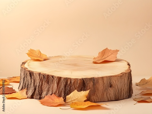 Wooden podium made of a tree slice with autumn leaves on a beige background for product presentation with mock-up space.