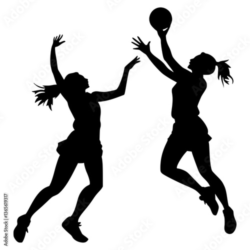 Dynamic Black-and-White Netball Players in Action