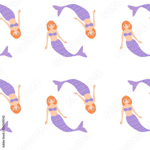 Seamless pattern of cartoon redhead mermaids in purple outfits with cheerful expressions.
