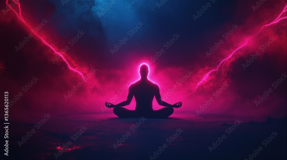 Meditative Figure Surrounded by Neon Lightning and Dramatic Clouds in a Surreal Cosmic Environment Meditative Figure Surrounded by Neon Lightning and Dramatic Clouds in a Surreal Cosmic Environment