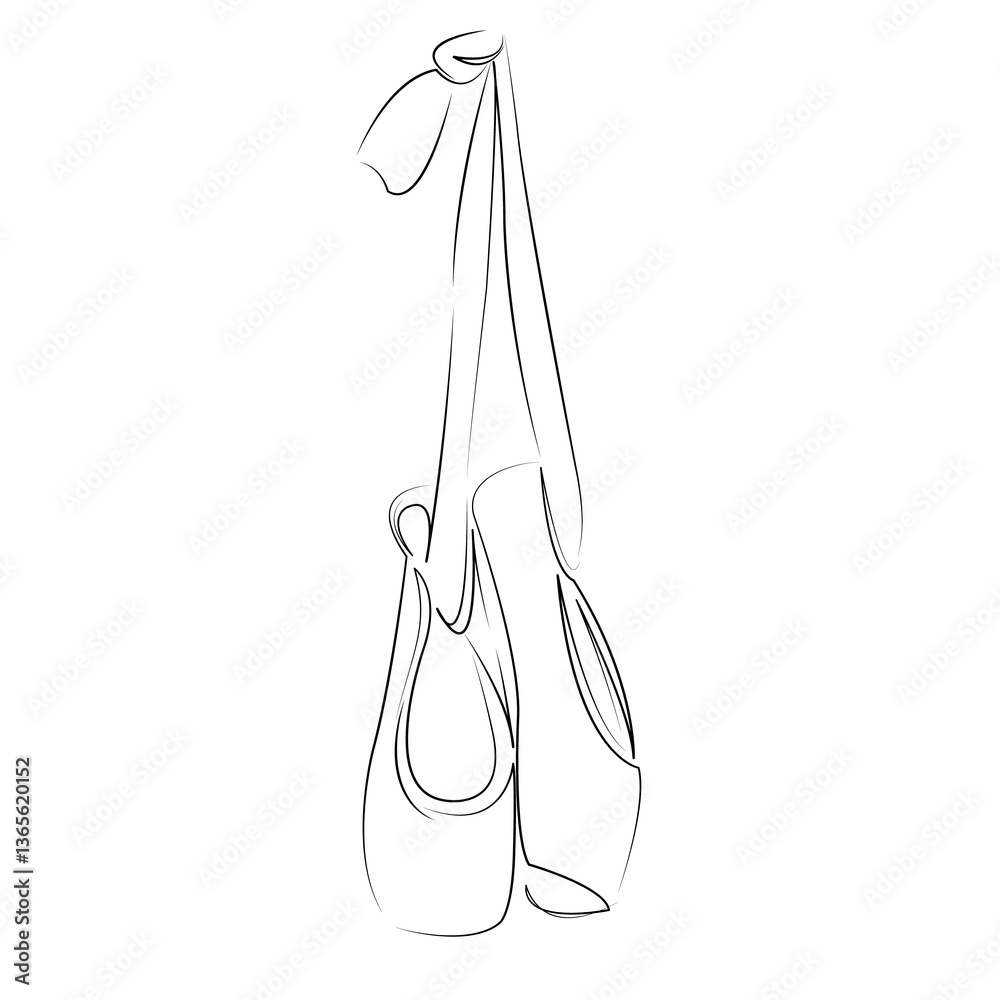 One continuous line art drawing flat illustration ballet shoe, pair, ballet, close-up, shoe, satin, dancing, ballet dancer. Isolated image hand draw outline on white background