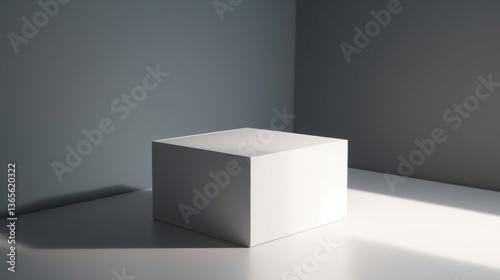 Minimalist white box in soft light setting.