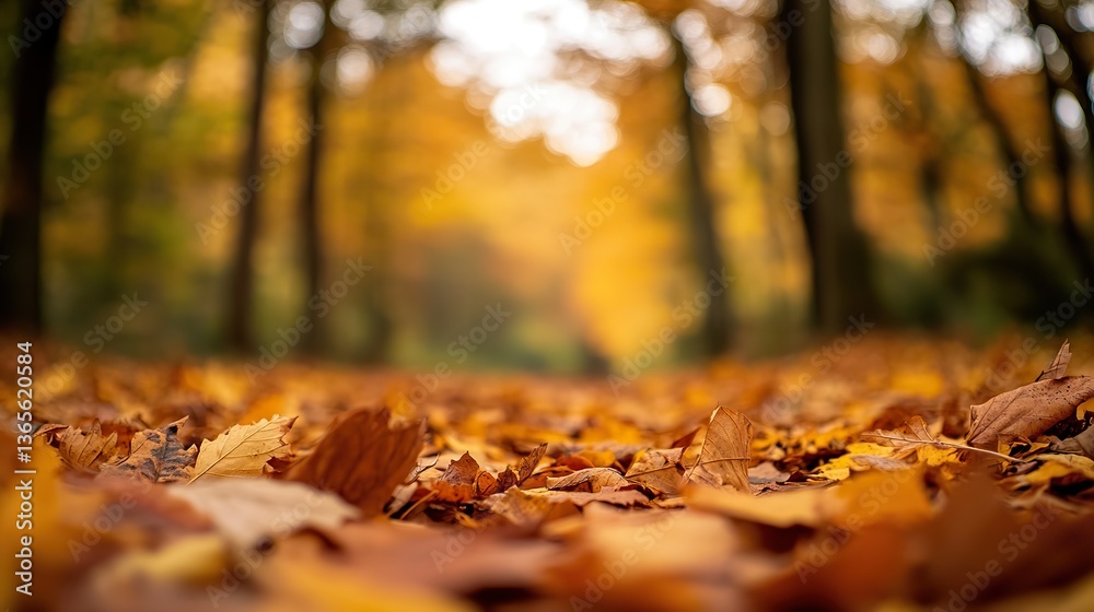 Close - up of fallen leaves on the forest floor with sharp focus, vividly showing their details, while blurred trees in the background set off the beauty of autumn. Close - up of fallen leaves on the forest floor with sharp focus, vividly showing their details, while blurred trees in the background set off the beauty of autumn.