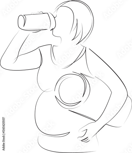 One continuous line art drawing flat illustration pregnant, woman, lifestyle, sport, bottle, yoga, water, mat. Isolated image hand draw outline on white background