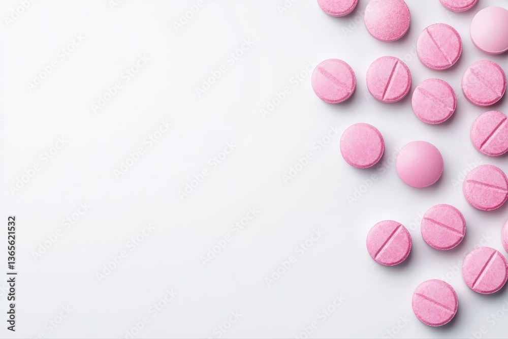 Pink tablets on white surface for healthcare purpose
