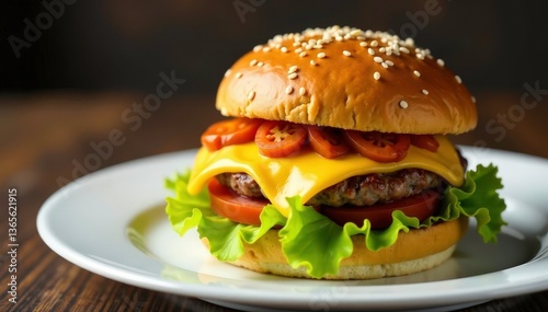 A vibrant burger with cheese and toppings on a white plate , mustard, meat