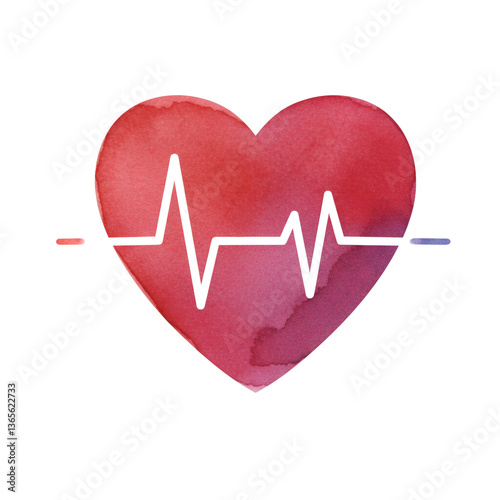 Watercolor Heart with Heartbeat EKG Line - Symbol of Health, Love, and Life