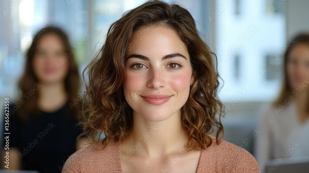 Fototapeta premium Confident and Cheerful Young Woman with Curly Hair Smiling Pleasantly in a Natural Portrait Pose Against a Blurred Background Conveying Happiness and Positivity