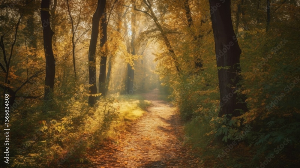 Obraz premium Serene forest path illuminated by autumn light.