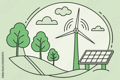 11 Cartoon illustration, renewable energy, wind turbine, solar panel, green trees, eco-friendly technology, clean power generation, sustainable landscape, pastel green background, simple design, envir