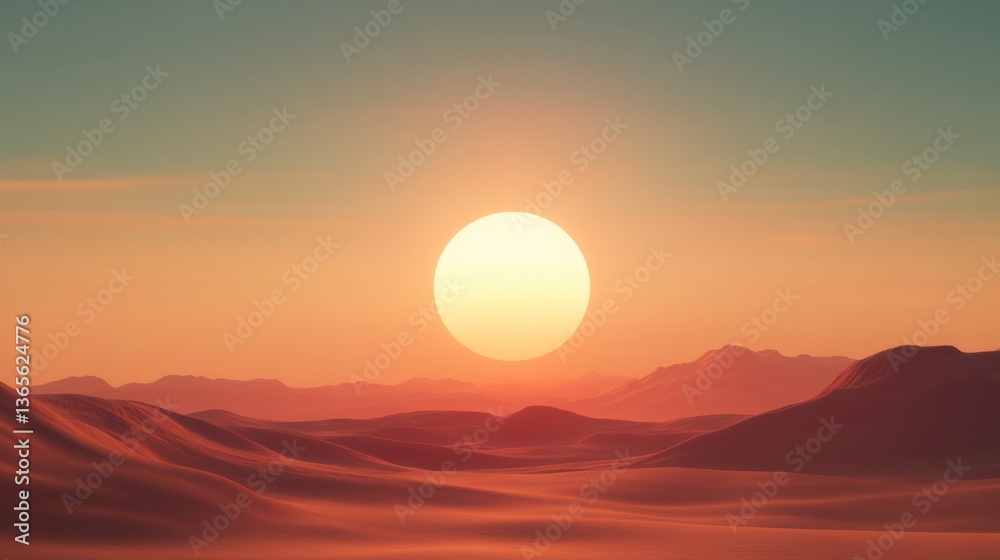 Breathtaking Sunrise Over Serene Desert Landscape with Layered Sand Dunes and Gentle Hues of Orange and Pink Illuminating the Sky and Mountains Breathtaking Sunrise Over Serene Desert Landscape with Layered Sand Dunes and Gentle Hues of Orange and Pink Illuminating the Sky and Mountains
