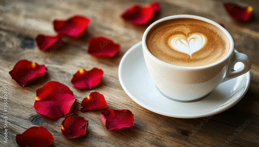 Obraz premium Cup of coffee with heart latte art on wooden table with red rose petals romantic cozy morning cafe concept