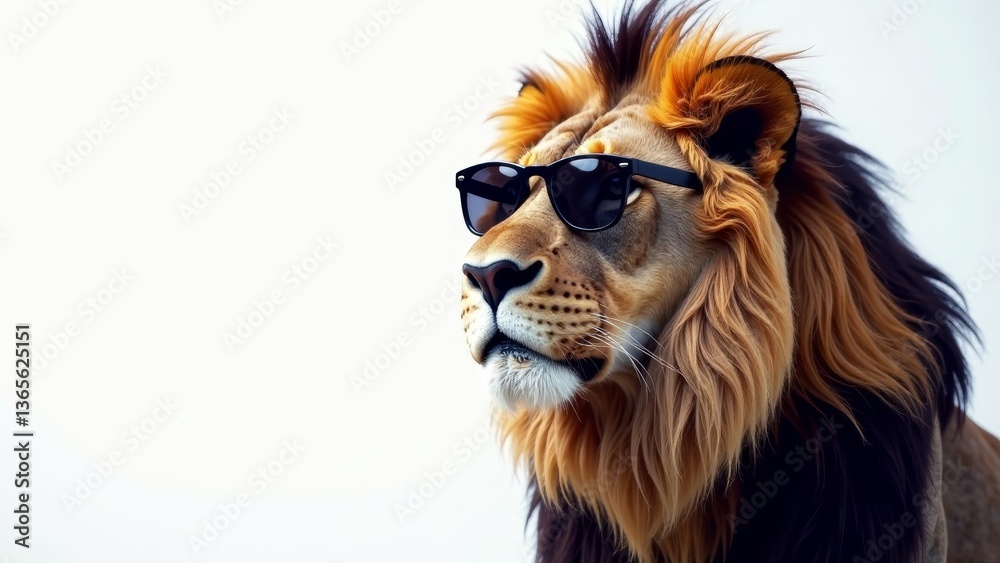 Fototapeta premium A majestic lion, sporting stylish sunglasses, gazes thoughtfully into the distance, its magnificent mane a breathtaking cascade of golden hues against a pristine white backdrop.
