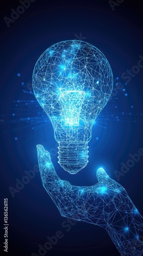 Abstract hand holding glowing lightbulb, conceptual innovation