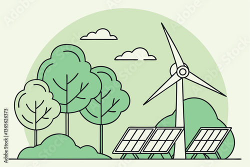 11 Cartoon illustration, renewable energy, wind turbine, solar panel, green trees, eco-friendly technology, clean power generation, sustainable landscape, pastel green background, simple design, envir