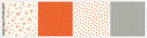 Vector illustration. Set of seamless patterns in orange, cream, black colors, ditsy flowers, dots, hearts, stripes. Summer, spring fabric design, baby design, wrapping paper	
