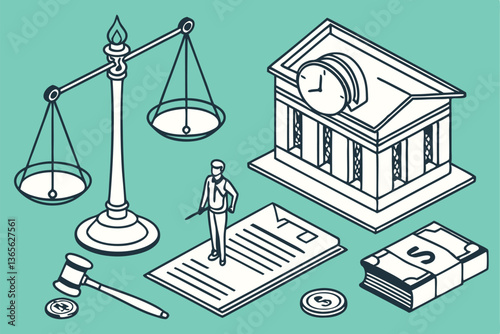 12 Legal illustration, law symbols, justice scales, courthouse, lawyer silhouette, legal documents, gavel, money icon, clock, flame of justice, books, retro style, flat design, teal background, iconic