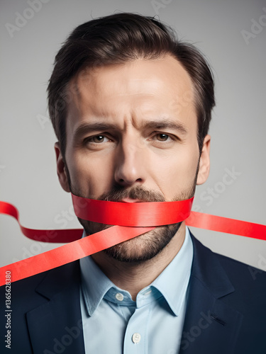 Caucasian man is silenced with red tape over his mouth, symbolizing censorship and freedom of speech