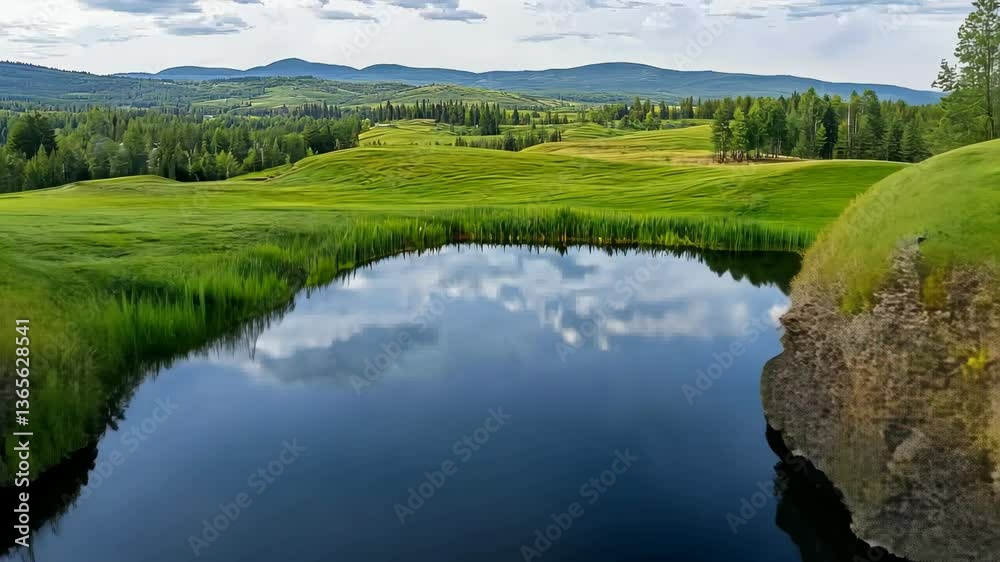 Stunning landscape with tranquil water reflection and lush greenery in the countryside during early afternoon Stunning landscape with tranquil water reflection and lush greenery in the countryside during early afternoon