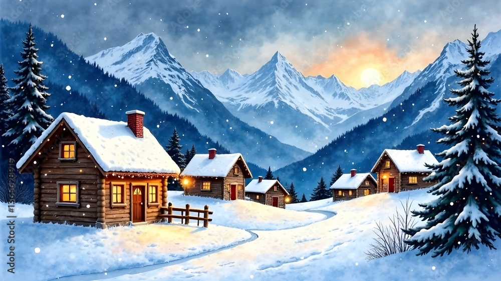 Fototapeta premium Cozy mountain village illuminated at sunrise during a snowy winter day