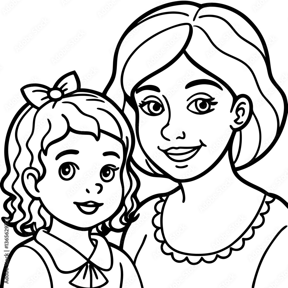 Smiling mother and daughter, a heartwarming black and white illustration.