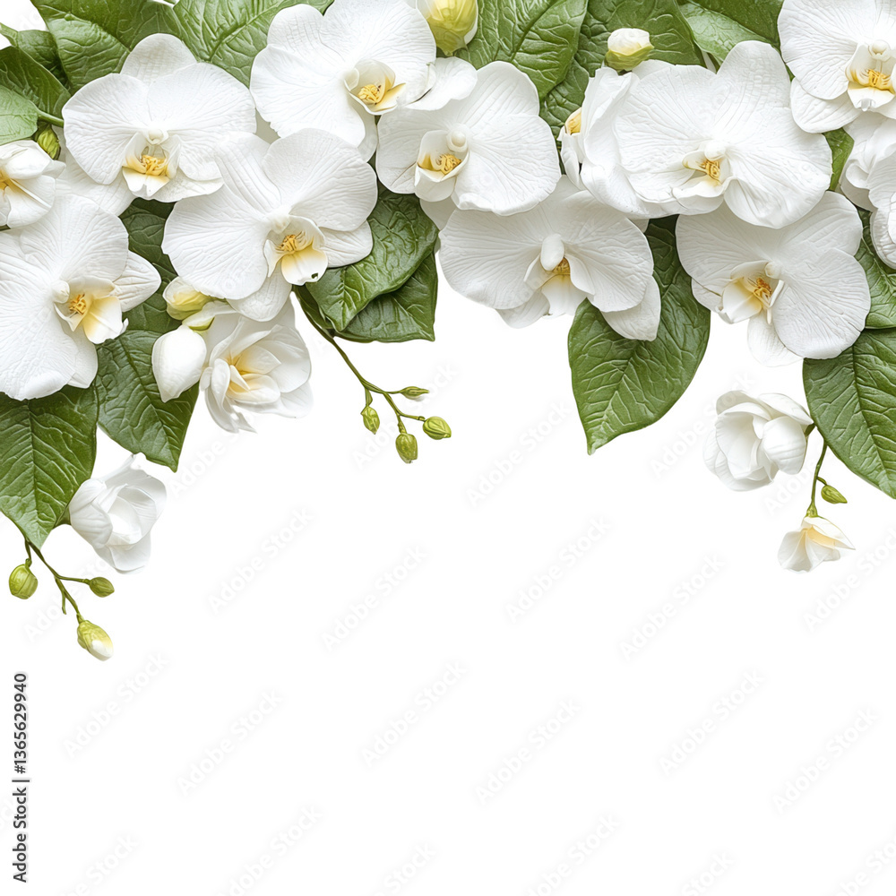 Obraz premium Elegant white orchids with green leaves on a dark background.
