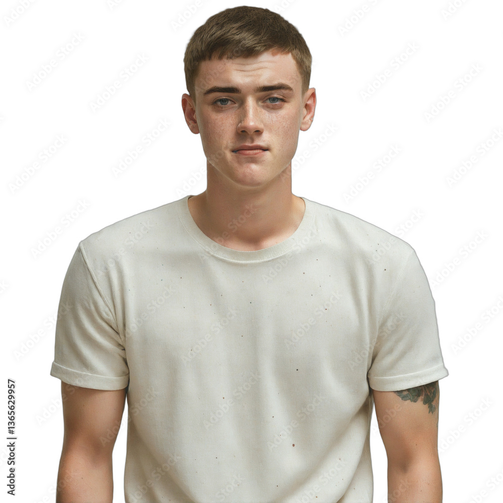 Lifelike Full-Body Portrait of a Young Irish Man with a Short Neat Haircut in Casual Clothing on a Solid Background Lifelike Full-Body Portrait of a Young Irish Man with a Short Neat Haircut in Casual Clothing on a Solid Background