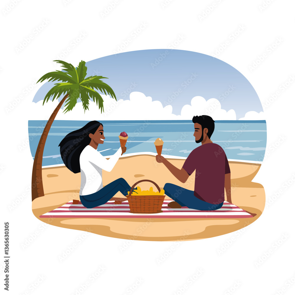 couple on the beach eating ice vector icon design