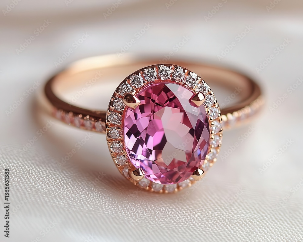 Dramatic cocktail ring featuring a massive pink tourmaline in a halo setting, isolated on a soft white surface Dramatic cocktail ring featuring a massive pink tourmaline in a halo setting, isolated on a soft white surface