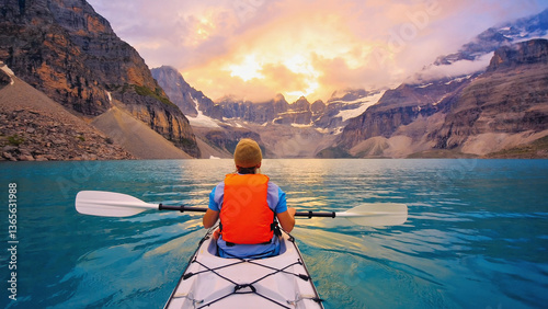 Kayaking Adventure: A lone kayaker paddles across a serene lake, framed by majestic snow-capped mountains under a vibrant sunset sky.