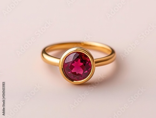 Artistic cocktail ring with a sculptural gold setting featuring a large round ruby, isolated on a pastel cream surface