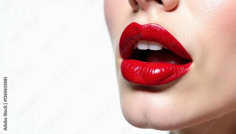 Obraz premium Bold red lip color against stark white backdrop High-res image , macro, lip