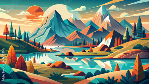 vector of stylish mid-century abstract landscape with geometric mountains, rolling hills, and a serene lake