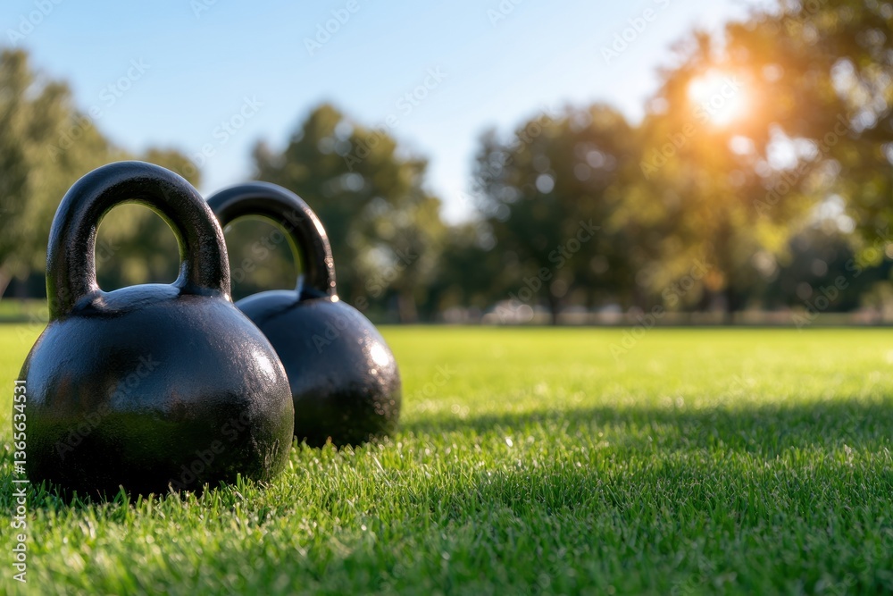 Fototapeta premium Kettlebells on green lawn fitness equipment outdoor workout