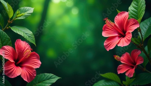 Bold tropical hibiscus blooms, vibrant jungle green backdrop, background, wallcovering