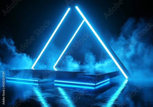 Neon Blue Light Triangle Abstract Background, 3d Rendering , Minimalism, Futuristic , 3D Model, Concept Art