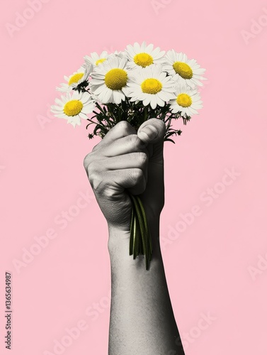 Fist Holding a Bouquet of Daisies on Pink Background, Minimalism, Conceptual , flower, hand, art, minimalism