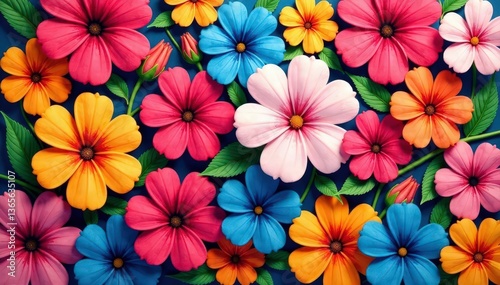 Bold, vibrant floral motif; densely packed blossoms, bright, exotic