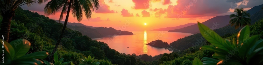 Obraz premium Serene sunset over lush tropical foliage, detox retreat calm , peaceful, health, tropical