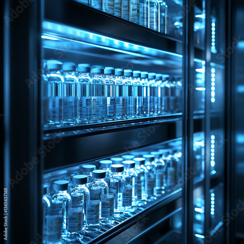 Vials stored in a temperature-controlled laboratory refrigerator.