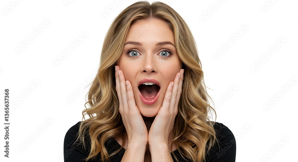 Surprised woman with hands on face and open mouthisolated on white background Surprised woman with hands on face and open mouthisolated on white background