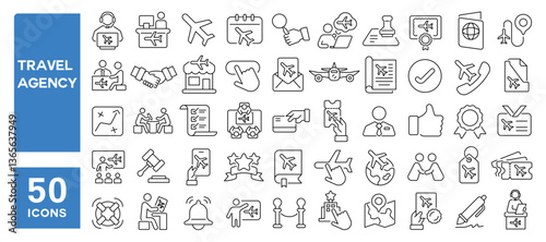 Set of 50 line icons related to travel agency, tourism company, travel booking, journey planning, flight, ticket, reservation, trip organizer, Editable stroke. Vector illustration
