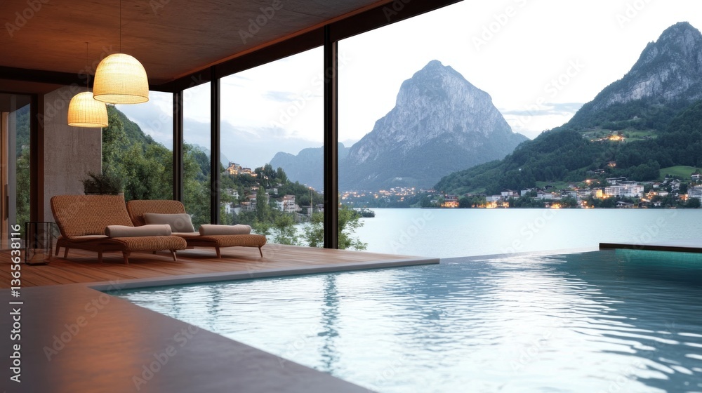 Fototapeta premium Lake infinity pool mountain view