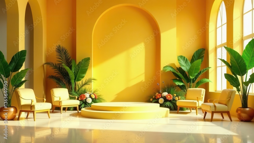 Fototapeta premium Sunlit Yellow Room with Tropical Plants and Elegant Chairs Featuring a Circular Display Platform