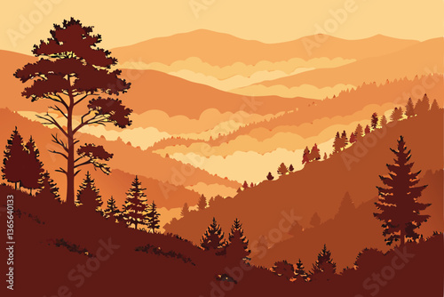 15 Majestic mountain landscape, golden sunset, low-lying fog, silhouetted trees, layers of hills, atmospheric mist, warm orange glow, peaceful nature scene, dramatic lighting, panoramic view, ethereal